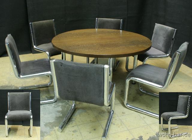 freischwinger70er chromfreischwinger, anfang 70er jahre,<br>
b 53cm, t53cm, h 85cm, sitzh 45cm,<br>
6stk. zusammen 450,- euro,
tisch verkauft