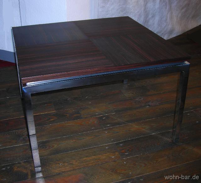 palisanderbeistelltisch beistelltisch chromgestell mit palisander furnierter platte, <br> 65cm x 65cm, h 42cm,<br>
225,- euro