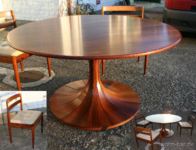 teaktulpentisch tulpenfusstisch palisanderfurniert, dazu 4 passende palisandersthle mit lederpolster,<br>
tisch durchm 130cm, h 70cm, <br>sthle b 52cm, t 47cm, h 75cm, sitzh 45cm,<br>
verkauft