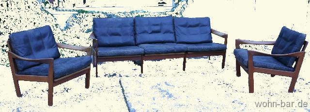 eilersen n eilersen, sitzgruppe, 50er jahre,<br>
teakholzgestell, schwarzes leder, <br>
dreisitzer kann auch zu einem zweisitzer umgebaut werden,<br>
zusammen 790,-euro